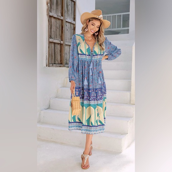 R. Vioimos | Dresses | Rvivimos Womens Long Sleeve Floral Print V Neck  Tassel Bohemian Midi Dresses | Poshmark